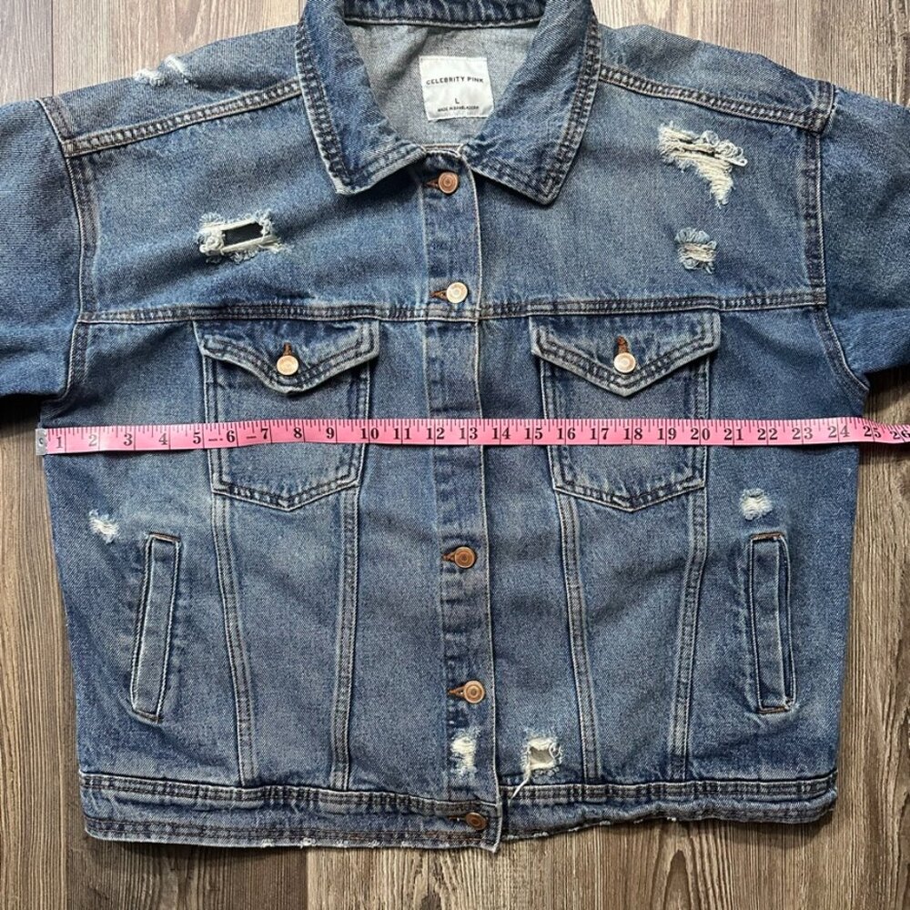 Celebrity Pink Womens Denim Jacket Large Distressed Oversized Boxy 100% Cotton - Picture 5 of 7